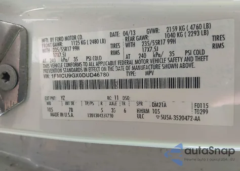 2013 Ford Escape Se from USA, damaged, VIN 1FMCU9GX0DUD46780